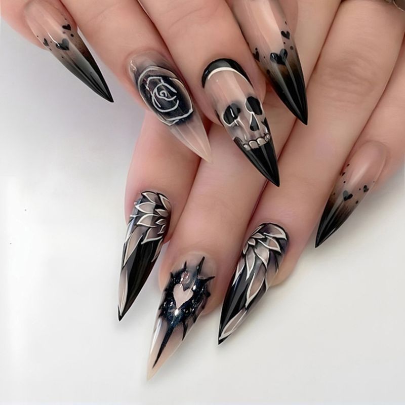 Halloween Scheletro Notte Rosa Falso Scuro Punk Moda Indossando Unghie Patch Finito B68_voghion.com