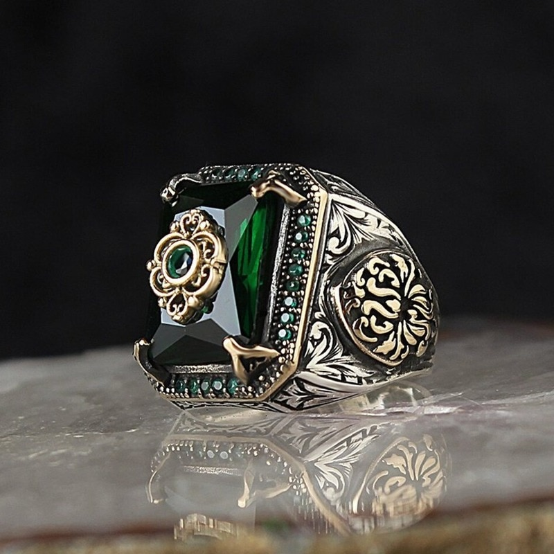 Anello con sigillo turco vintage alla moda per uomo e donna, in argento antico, con aquila intagliata, zircone verde intarsiato, anelli punk da locomotiva_voghion.com
