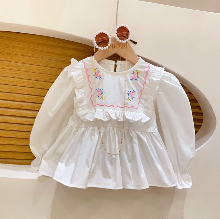 Abbigliamento per bambini Ragazze Colletto in pizzo ricamato Maniche a tromba Maglietta per neonati Jeans con spacchi Set due pezzi_voghion.com