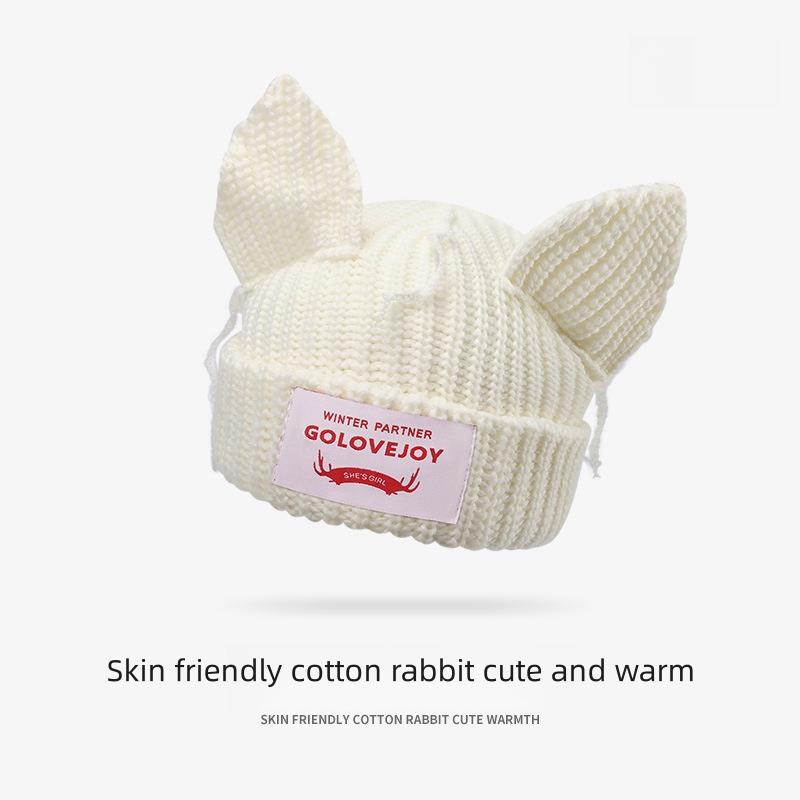 Cappello lavorato a maglia da donna autunno e inverno caldo protezione per le orecchie simpatico cartone animato gatto orecchio cappello pullover in lana marchio di moda_voghion.com
