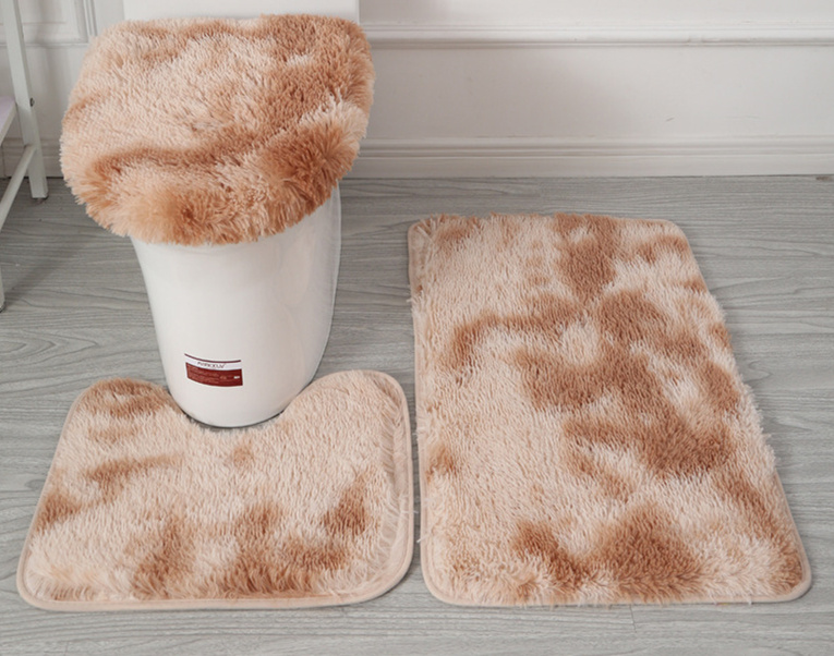 Batik-Teppich aus langem Pelz, dreiteiliges Plüsch-WC-Set, rutschfeste Fußmatte, wasserabsorbierendes Badezimmer-Set_voghion.com