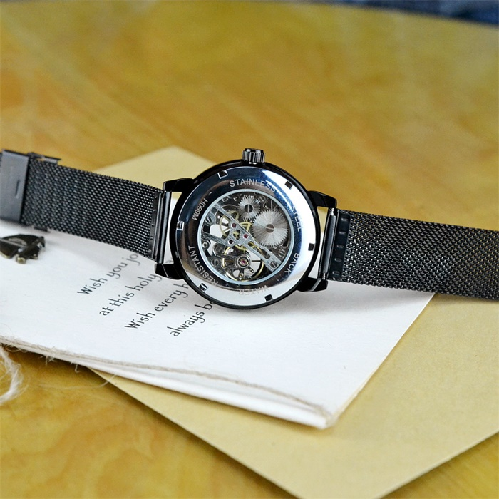 Men's vintage mechanical watch double hollowed manual leisure mechanical watch waterproof steel band glow-in-the-dark watch_voghion.com