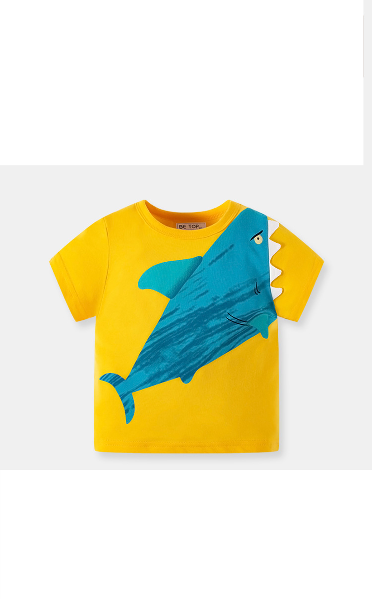 Mère et enfants à manches courtes dessin animé requin imprimé garçon T-shirt pur coton pull bébé haut à la mode une pièce livraison_voghion.com