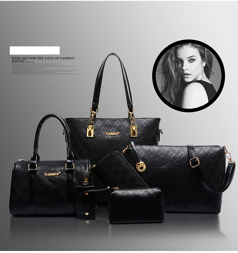 Set di borse da donna, elegante borsa da donna con motivo a rombi in rilievo, borsa a mano con tracolla a sei pezzi_voghion.com