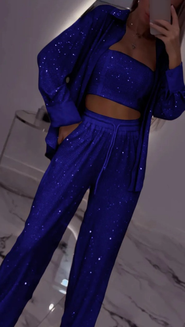 Damenbekleidung Lockerer, lässiger Anzug mit Pailletten, Jacke, Tube-Top, Hose mit weitem Bein, dreiteiliges Set_voghion.com