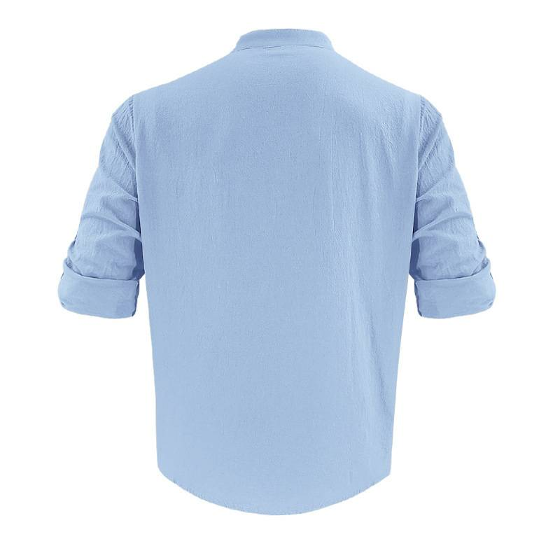 Camicia hawaiana a maniche lunghe, semplice, casual, in lino, traspirante, da uomo, estiva, con pantaloncini da spiaggia._voghion.com