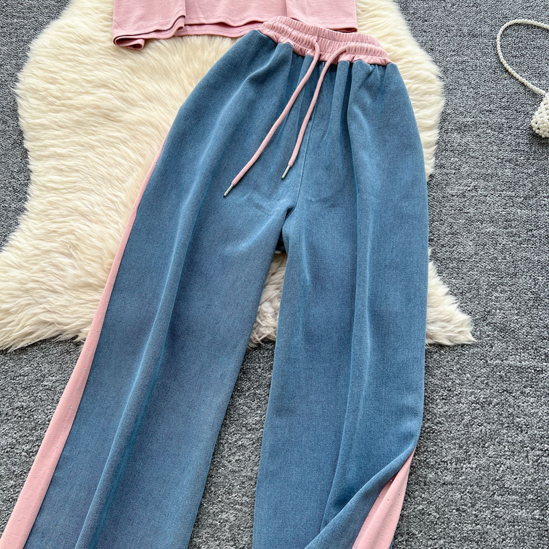 Retro sommerantrekk i Hong Kong-stil - Patchwork-topp med korte ermer og høylivede jeans med vide ben i to deler | Vintage Casual Chic_voghion.com