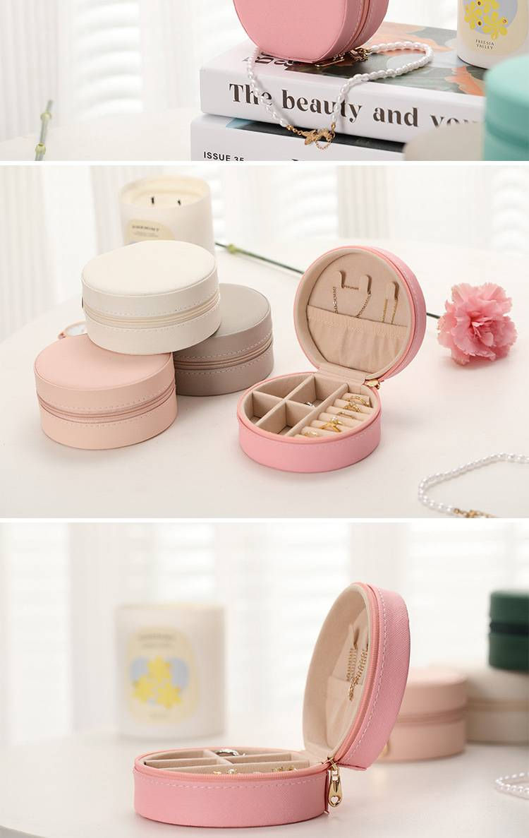 Runde Schmuckschatulle mit Reißverschluss – Reise-Organizer für Ringe, Ohrringe, Halsketten und Armbänder (kompakt, mehrlagige Aufbewahrung, Samtfutter)_voghion.com