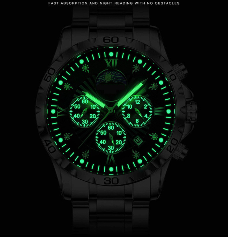 Relógio masculino multifuncional com quatro olhos e seis pinos, sol, lua e estrelas, cravejado de diamantes, à prova d'água, luminoso, fashion, cinto de aço sólido, fivela borboleta_voghion.com