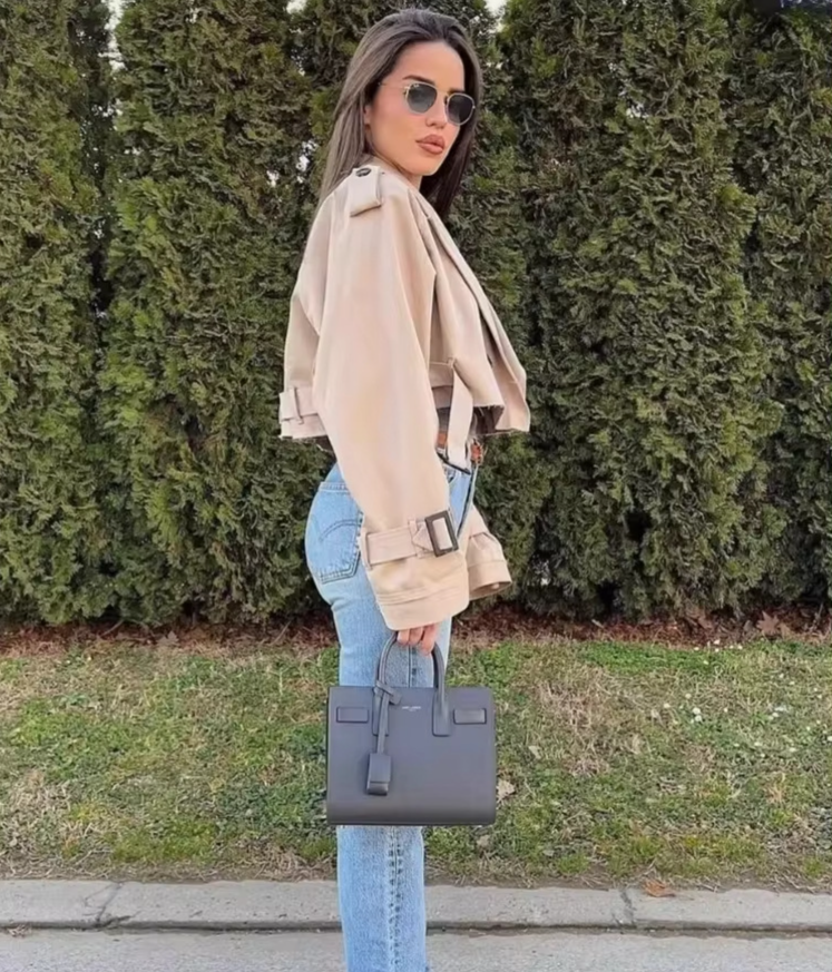 Trench corto da donna – Giacca blazer casual slim fit con cintura, doppiopetto (nero, cachi, marrone scuro, blu navy, verde militare)_voghion.com