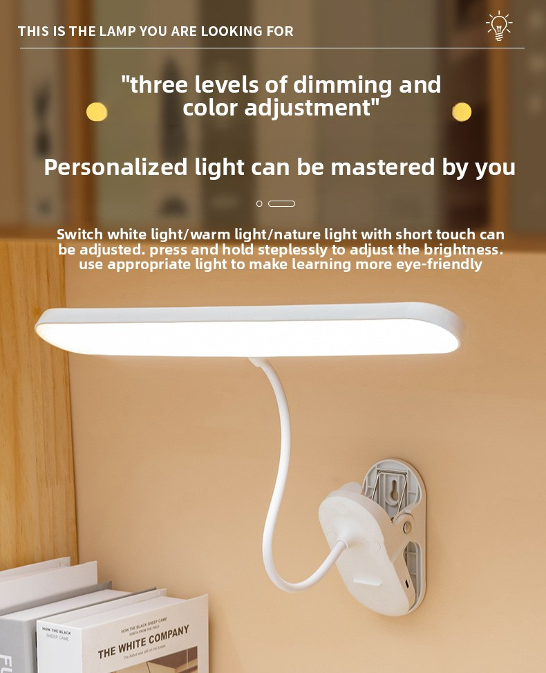 Luminária de mesa LED clip-on com brilho de 90+ CRI e grau AA, recarregável por USB, controle de toque e temperatura de cor ajustável – Luminária de estudo_voghion.com