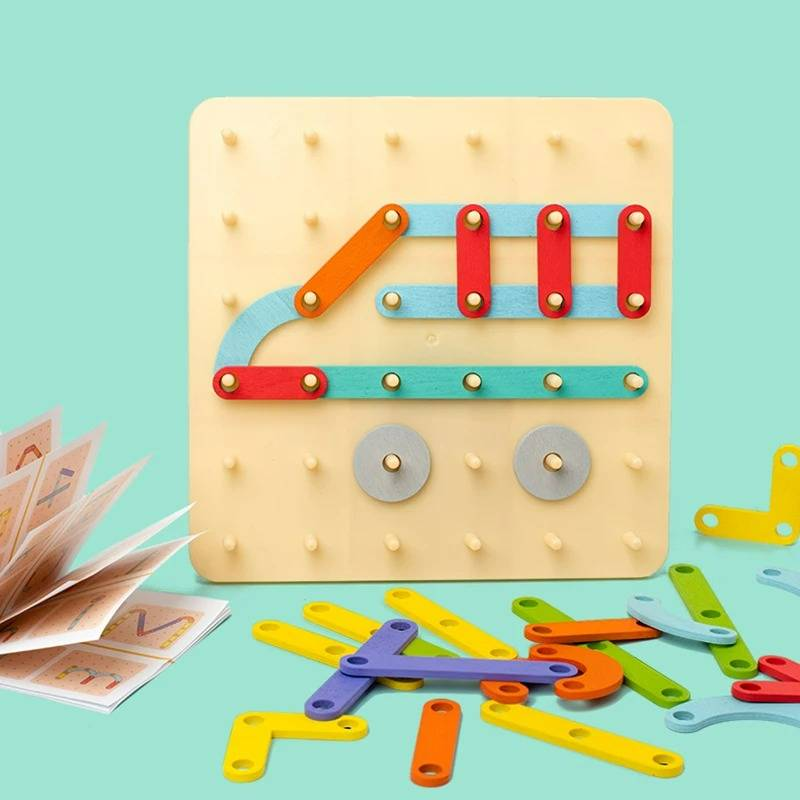Houten speelgoed voor kinderen Creatief bord Spijkerbord Geometrische kolomset Bouwpuzzel Geometrisch prikbord Montessori Sensorisch_voghion.com