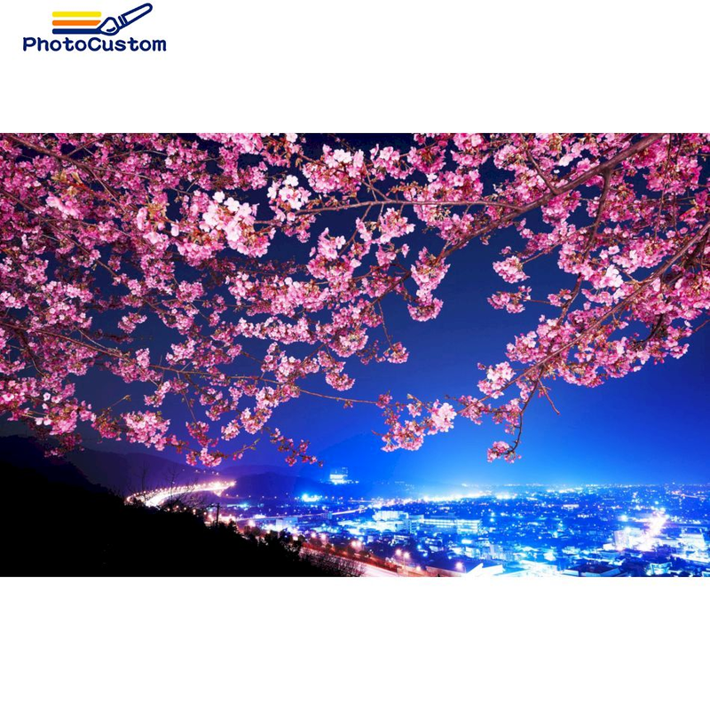 PhotoCustom 5D gyémánt hímzés Gyönyörű városi éjszakai tájkép Gyémántművészeti festmény Cseresznyevirág mozaik kézműves fali dekoráció Otthoni dekoráció_voghion.com