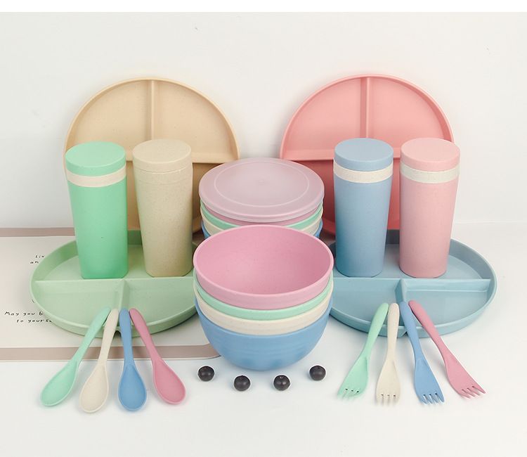 Eco-Friendly Wheat Straw Tableware Set – 5-Piece Dinner Plates, Bowls, Cutlery & Cup | BPA-Free, Microwave Safe, Lightweight & Durable_voghion.com