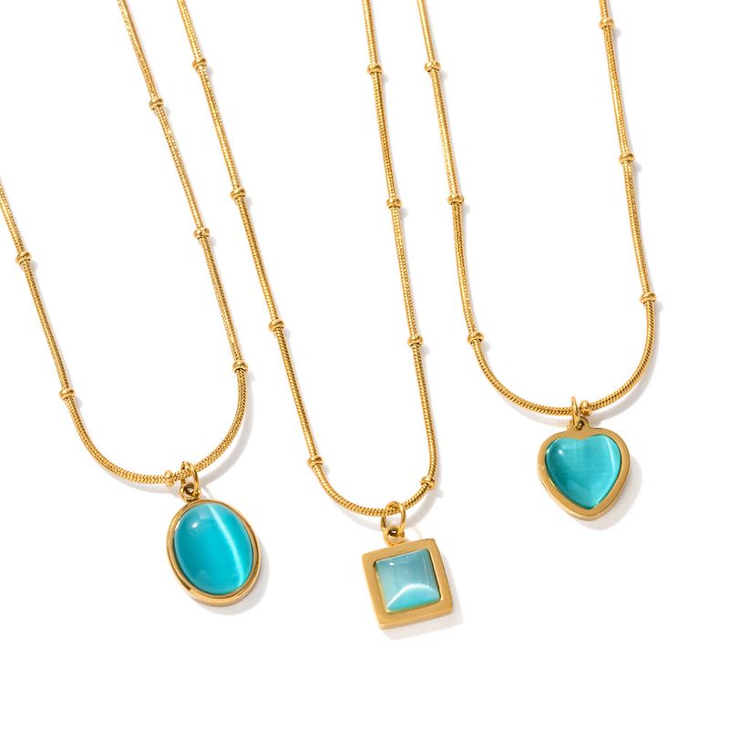 Collana da donna con ciondolo quadrato in acciaio inossidabile con occhio di gatto blu, design geometrico alla moda, pezzo minimalista da indossare tutti i giorni._voghion.com