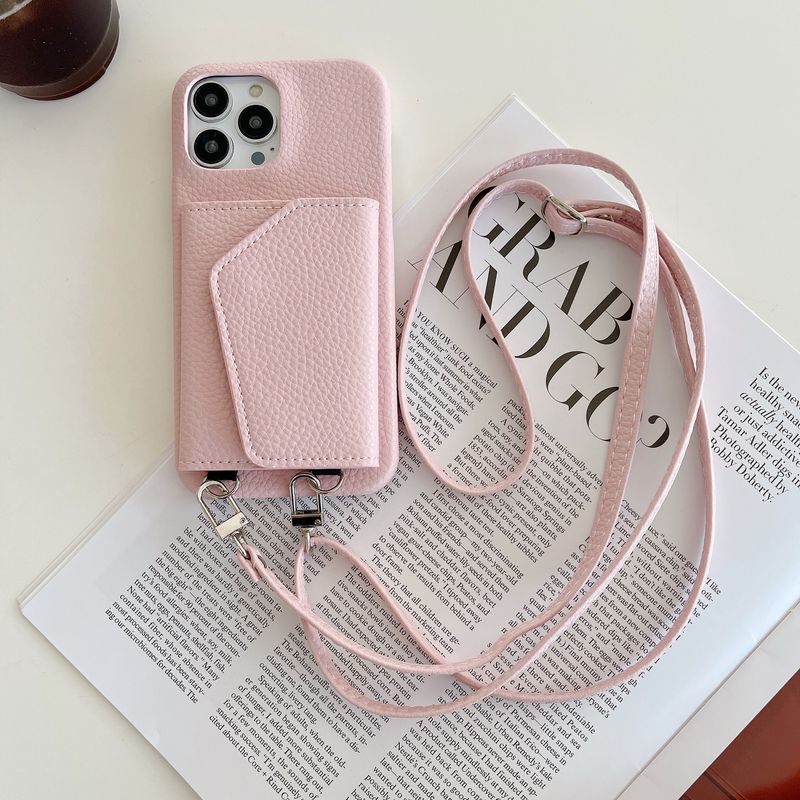 Mobile phone case card holder lanyard suitable for iPhone 14 Promax mobile phone case Apple 15 leather beauty mirror mobile phone case_voghion.com
