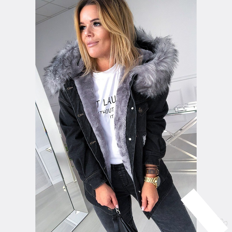 Dameskleding retro capuchon grote bontkraag spijkerjas mode casual warm halflange gescheurde distressed jas trendy_voghion.com