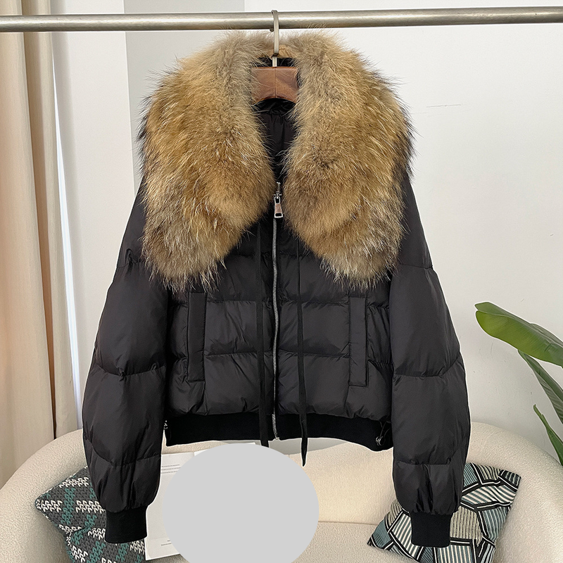 Dameskleding Oversized wasbeerbontkraag Winter Dames korte verdikte witte eendendonsjas platte jas jas_voghion.com