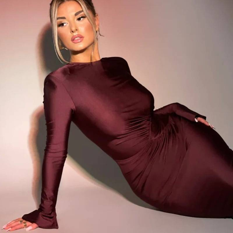 2025 Efterår O-hals Langærmet Bodycon Folds Aftenkjoler Til Kvinder Elegant Mode Høj Talje Tunikaer Lang Festkjole Kvinde_voghion.com