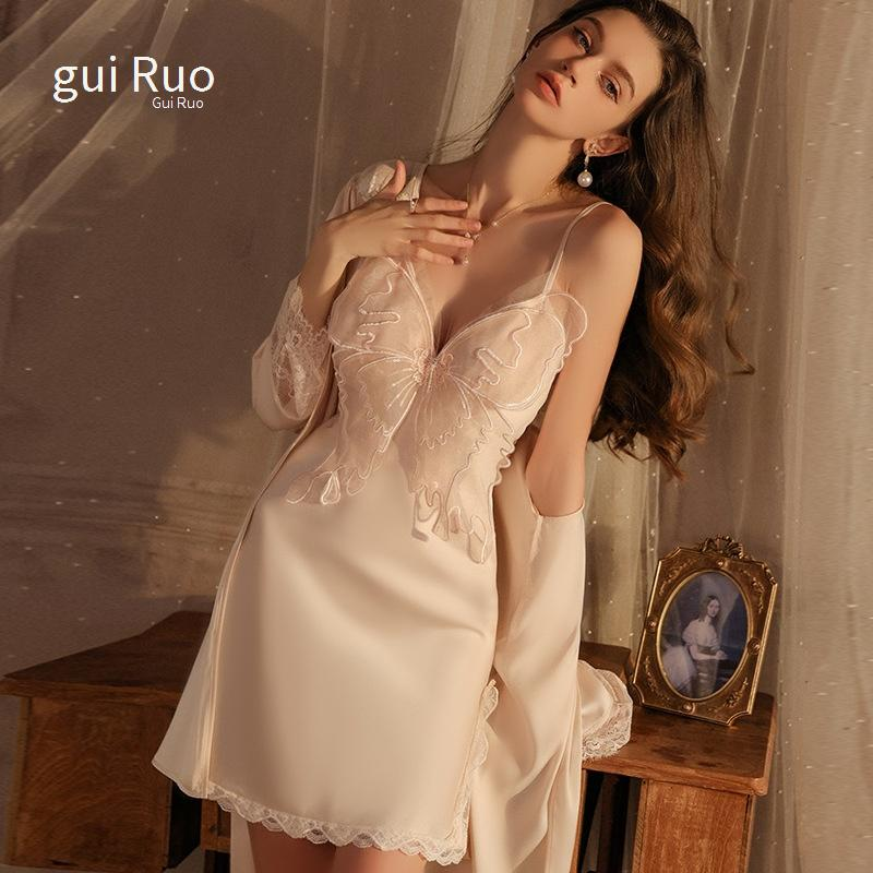 Damen Sexy Dessous Schleife Satin Spleißen Spitze Pure Temptation Split Sling Nachthemd Home Kleidung Anzug_voghion.com