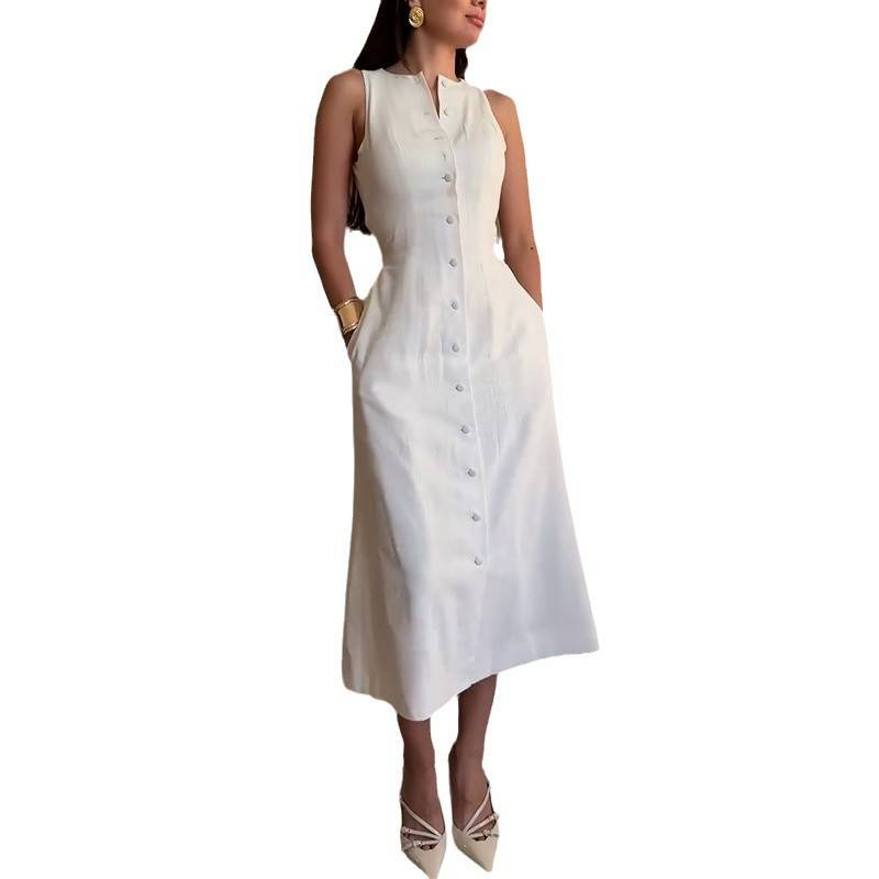 Abito da donna senza maniche con bottoni sul davanti, a vita alta, estivo, casual, elegante, avvolgente, in poliestere elasticizzato, comodo_voghion.com