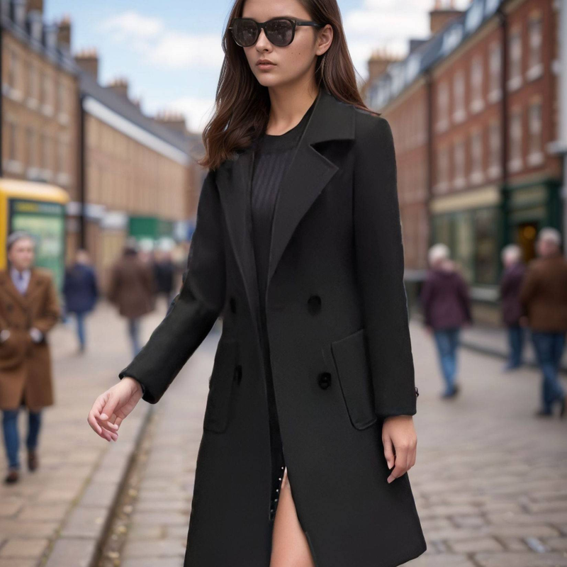 Elegante lange wollen jas voor dames - Slim fit double breasted trenchcoat met riem, wintermode bovenkleding_voghion.com