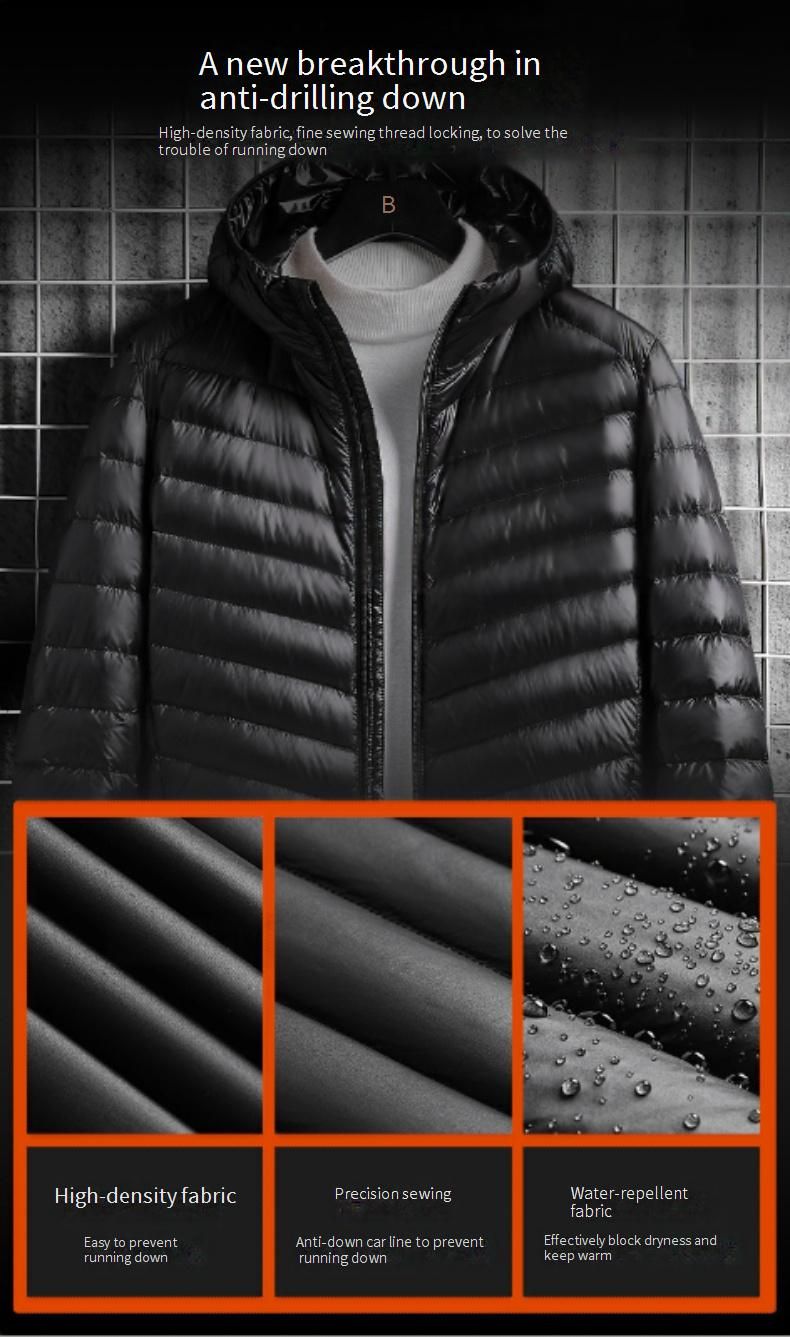 Ultraleichte, verstaubare Daunenjacke für Herren – 600 FP, 90 % weiße Entenfedern, Kapuzenmantel, maschinenwaschbar (Schwarz/Grau/Marineblau/Burgunderrot/Königsblau)_voghion.com