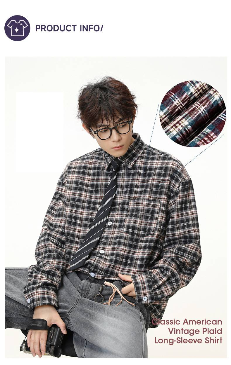 Abbigliamento da uomo Camicia a maniche lunghe a quadri in stile retrò americano con colori a contrasto Camicia da uomo con risvolto e tasca a quadri basic autunnale Giacca da coppia alla moda_voghion.com