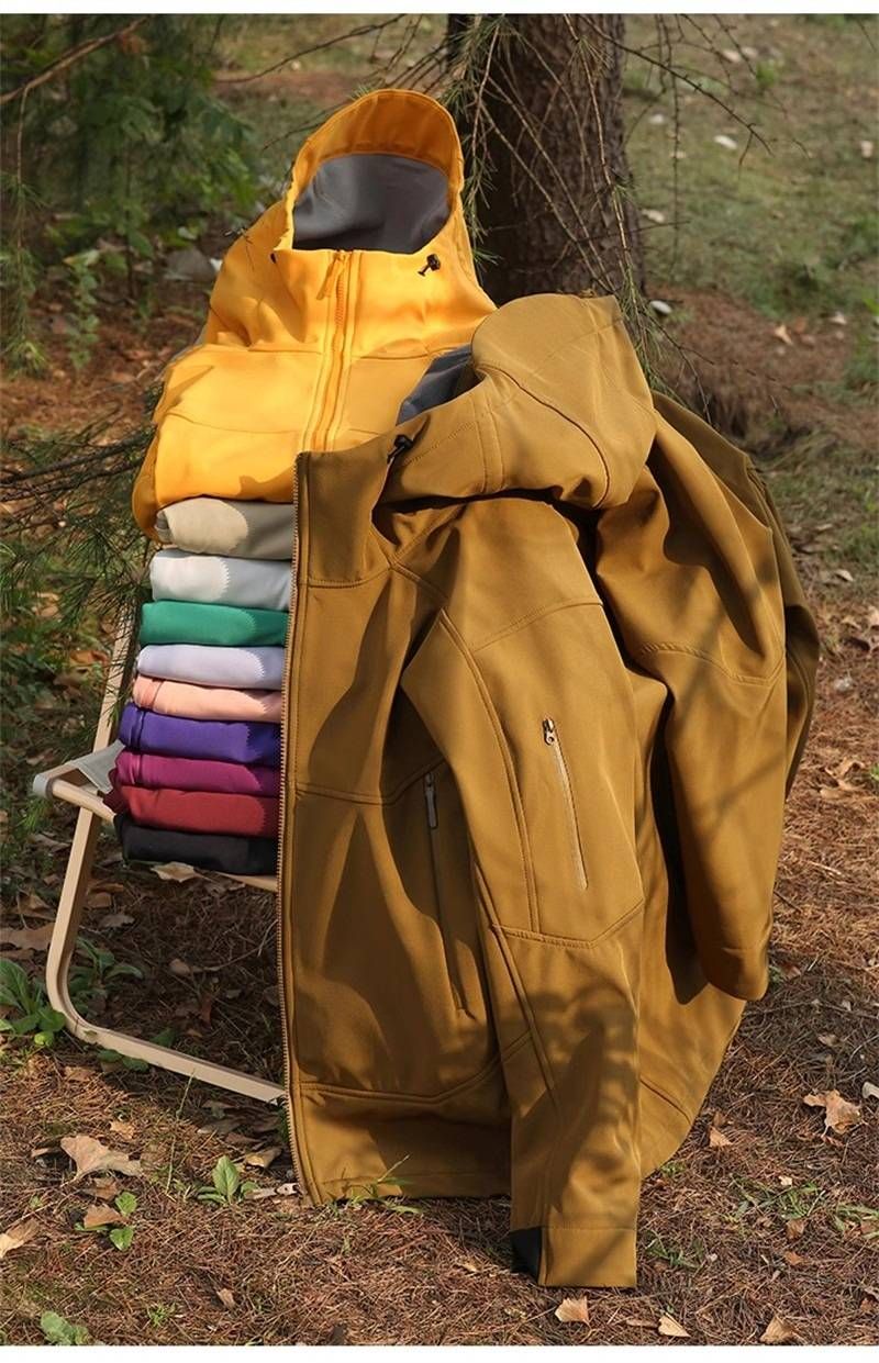 Five Tear-proof, Tear-resistant, Warm, Volcanic Rock, Warm Fleece, Men's And Women's Same Soft-shell Windbreaker Hooded Jacket_voghion.com