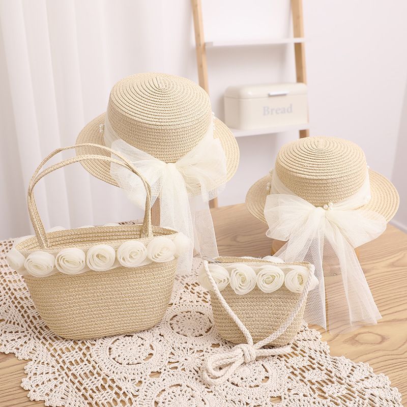 Kleine frische Kinderspitze Perlenband Strohtasche Sommer Neues Produkt Unsterblicher Qi Eltern-Kind-Sonnenschirm Big Eaf Flat_voghion.com