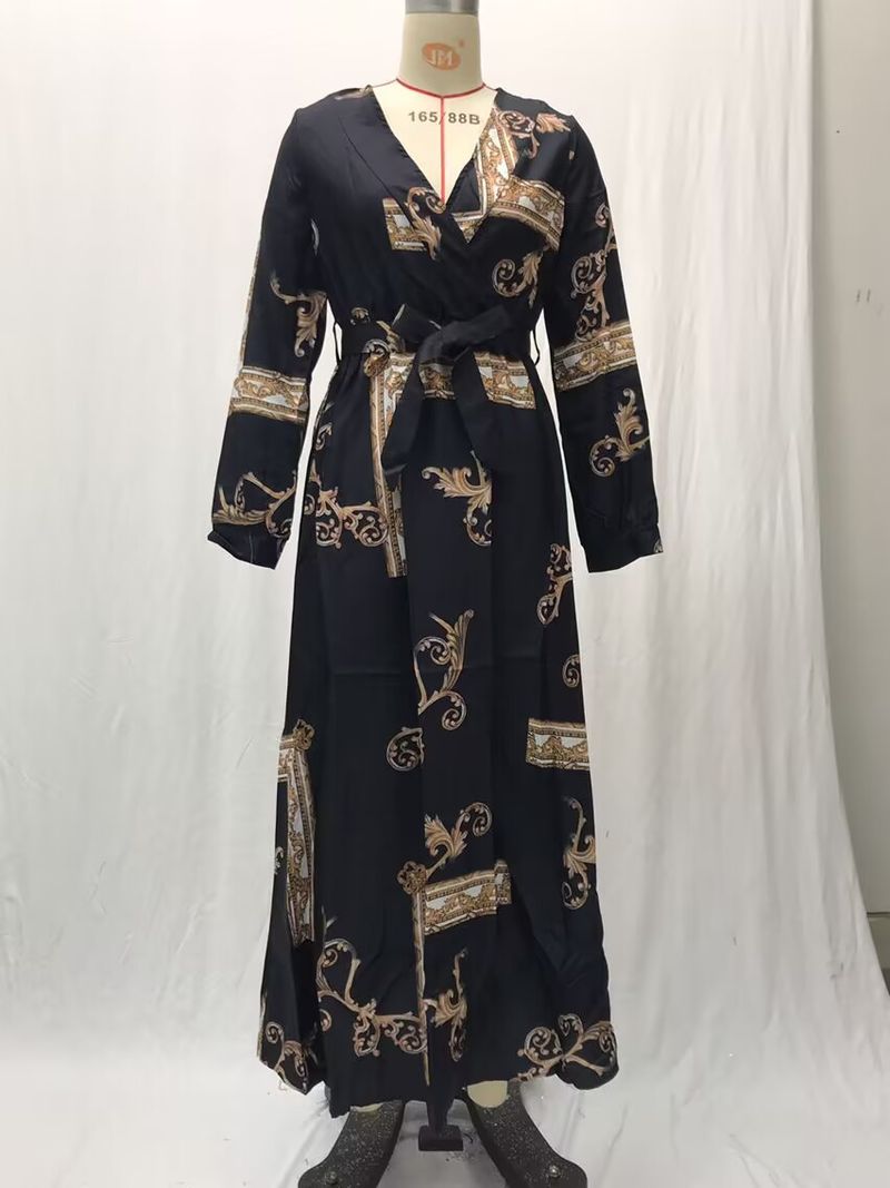 2025 Summer New Women's Palace Style Printed Sleeve Split Waist Long Dress_voghion.com