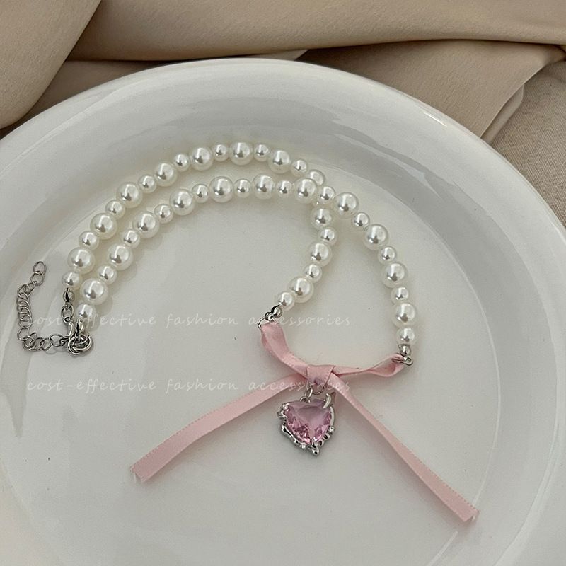 Collana con clavicola francese, dolce cuore rosa, fiocco di perle, design di nicchia femminile, dolce collana di puro desiderio_voghion.com