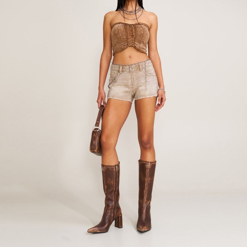 Top corto bandeau vintage tejido a mano con efecto desgastado - Ropa urbana bohemia de mezclilla desgastada para mujer_voghion.com