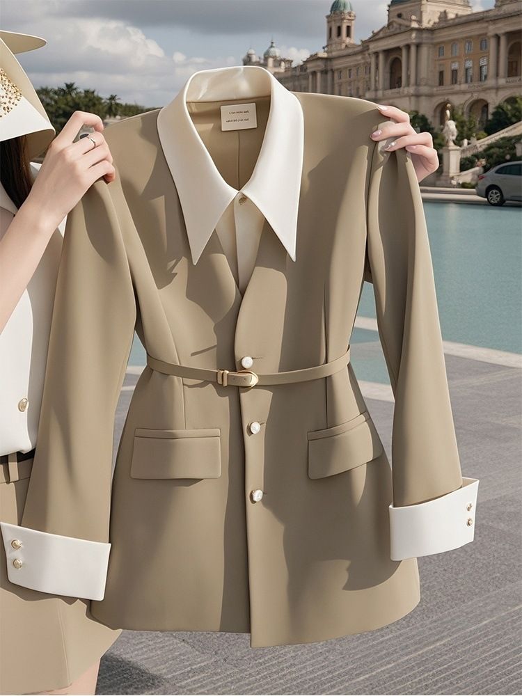 Abbigliamento femminile sensazione popolare è unico e di bell'aspetto temperamento piccolo profumo stile cachi cappotto due pezzi inizio autunno_voghion.com