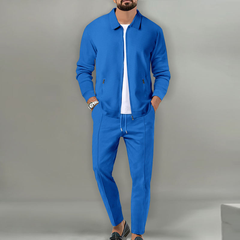 2024 Kåpe Høst Ungdom Vaffel Glidelås Lomme Flip Krage Slim Fit Cardigan Jakkesett for menn_voghion.com