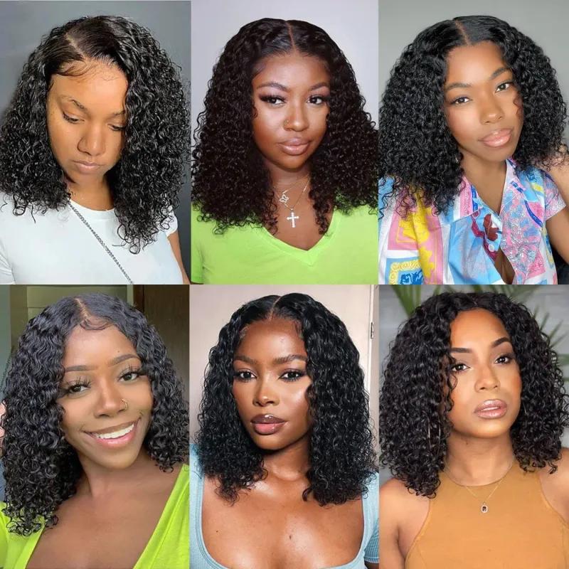 Short Bob Human Hair Lace Front Wigs Water Wave Deep Curly Wig Women_voghion.com