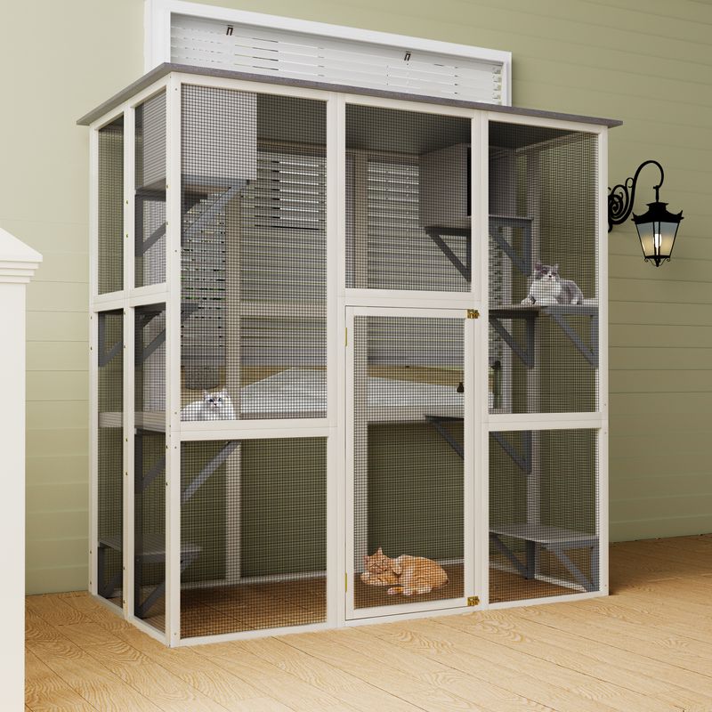Gray Wooden Outdoor Catio Cat Enclosure With Weatherproof Asphalt Roof, Large Walk-in Cat House With 6 Platforms & 2 Napping Boxes, Solid Wood Cat Cage Kennel Condo Playpen For Patio_voghion.com