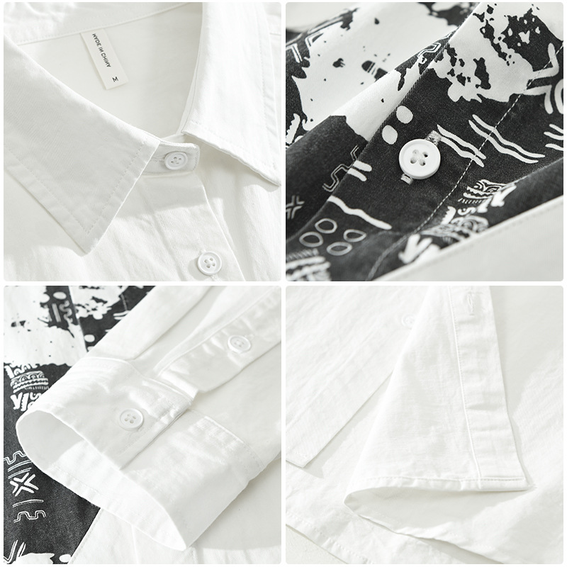 6732 Camicie a maniche lunghe da uomo in stile retrò giapponese, con stampe alla moda, cuciture, top casual larghi, una generazione._voghion.com