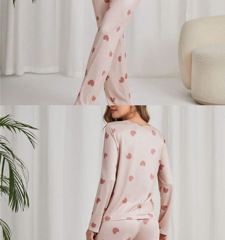 Kadınlar İçin Pijama, Sevimli Kalp Desenli, Uzun Kollu Pantolon Ev Giyim Takımı_voghion.com