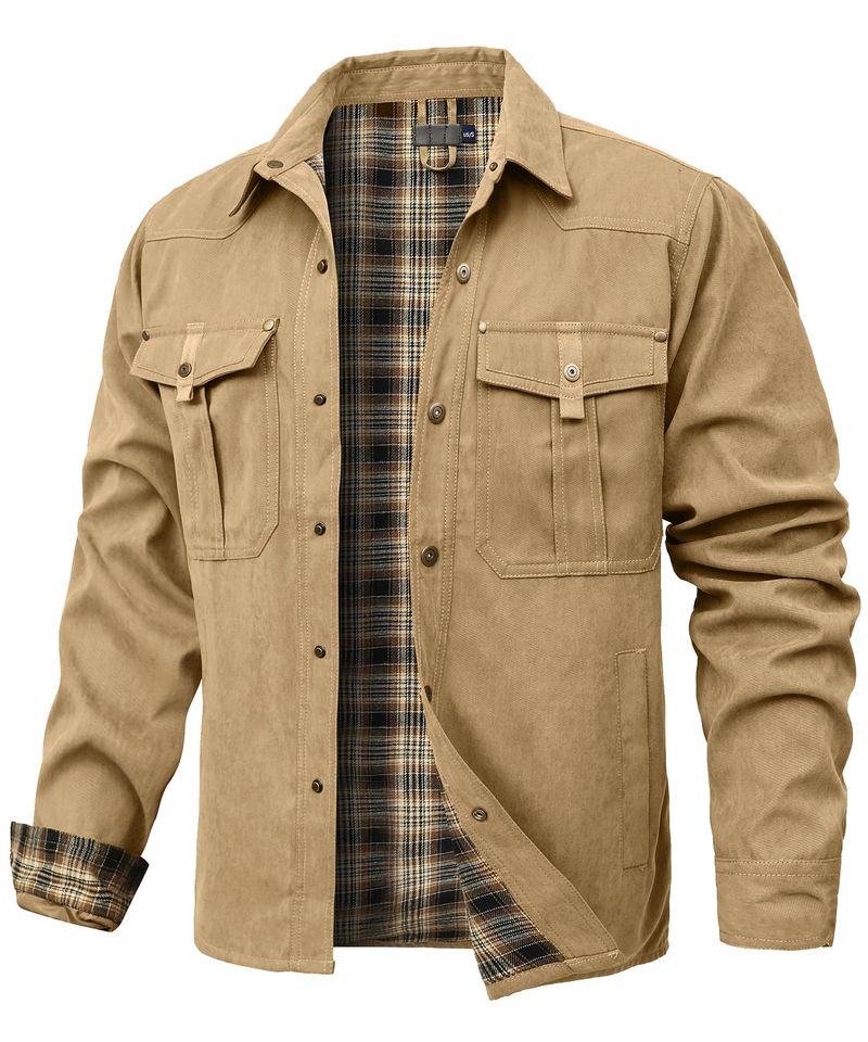 Herrenjacken Frühling Flanell gefüttert Hemd Mantel Shacket Lässige Druckknopf-Overshirt Western Cowboy-Stil Hochwertiges Top US-Größe_voghion.com