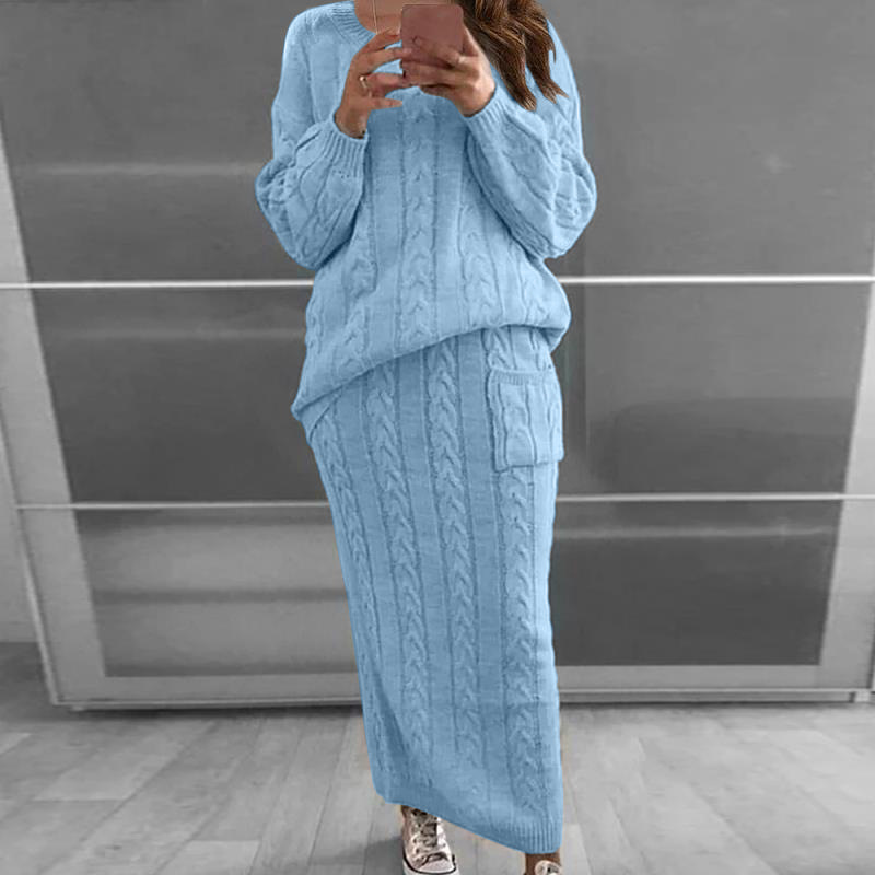 Maglione da donna, set autunno e inverno, due pezzi, maglione lavorato a maglia con scollo a V e gonna lavorata a maglia, set di abiti caldi e casual._voghion.com