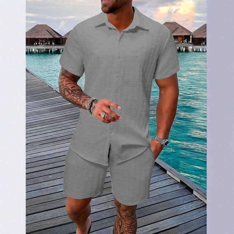Men's Clothing Summer Jacquard Black And White Solid Color Suit Short Sleeved Men's Vacation Casual Style Shirt Shorts Two Piece Suit_voghion.com