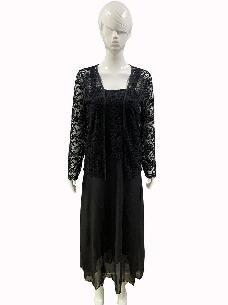 New Fashion Two Piece Lace Cardigan Chiffon Long Dress Large Set_voghion.com