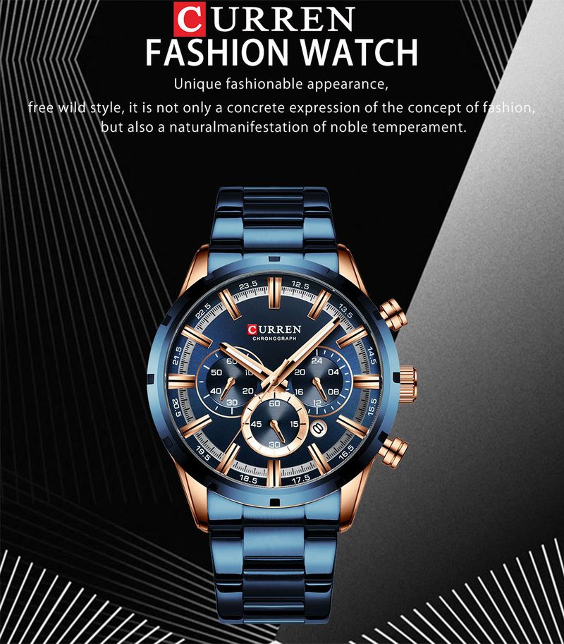 Men's Curren 8355 Multi-Function Analog Watch With Date Display, Water Resistant, Stainless Steel Case, Alloy Strap, Business Style_voghion.com