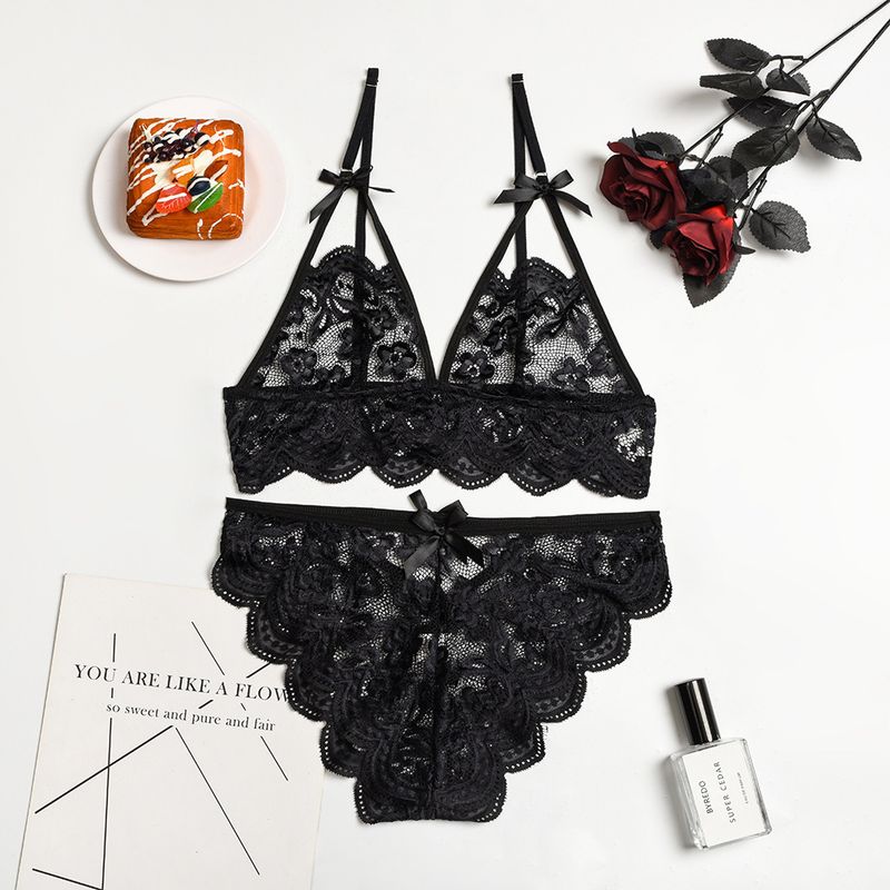 Women's Intimates New Bow Deep V Jacquard Two Piece Sexy Lingerie_voghion.com