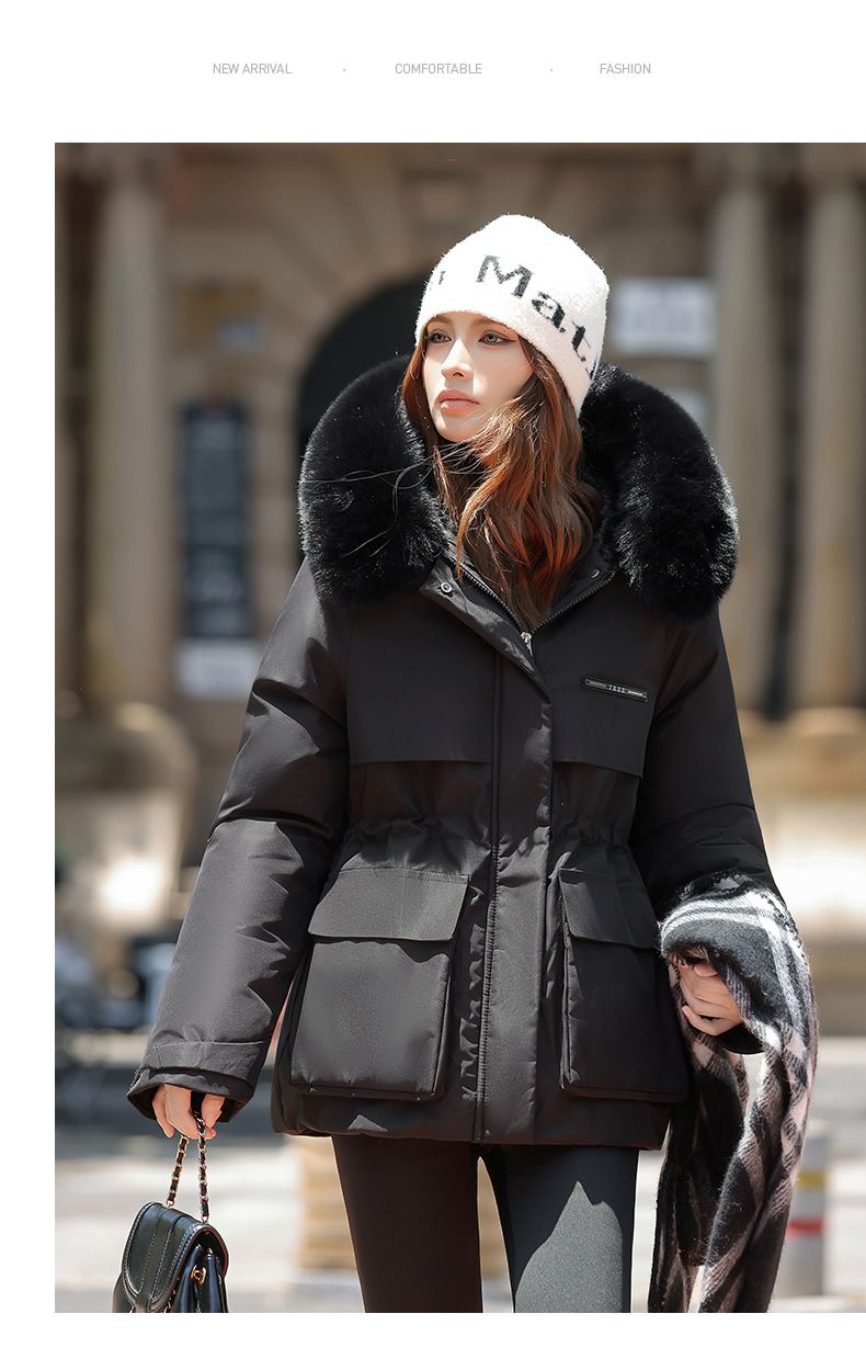 Women's Parka Coat With Detachable Rabbit Fur Hood, Waist-Belted Winter Jacket, Thickened Polyester Shell & Down Cotton Filling For Casual & Office_voghion.com