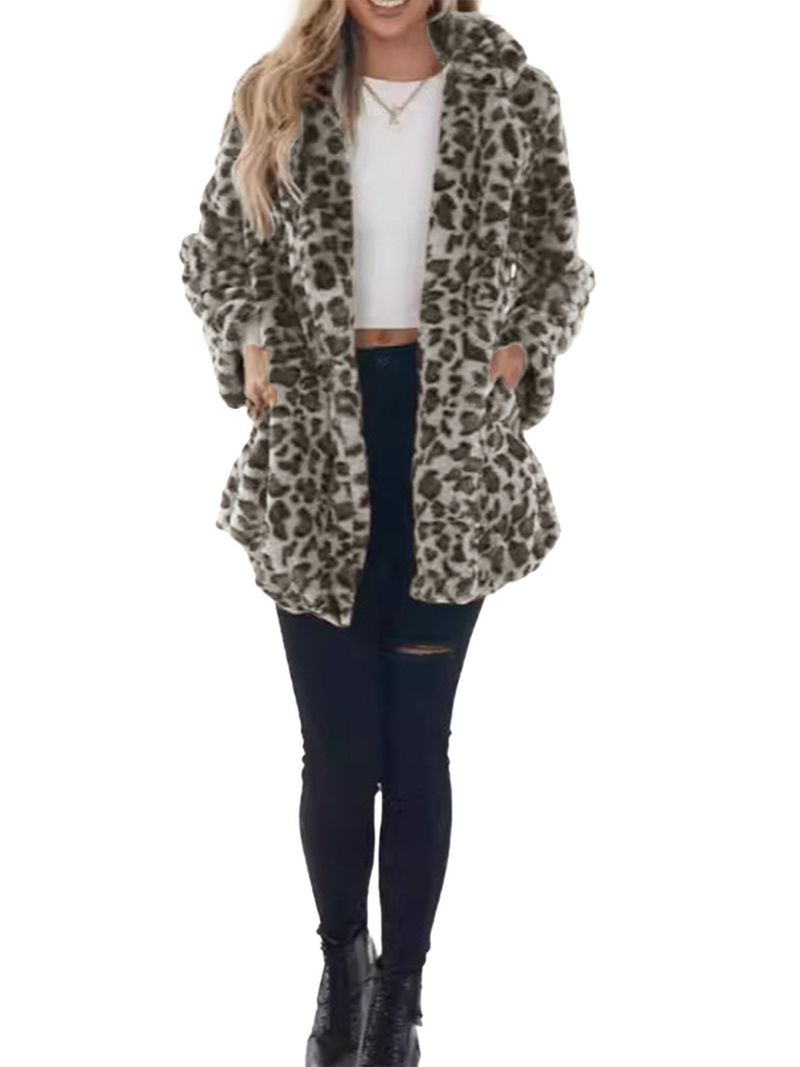 Women's Leopard Print Faux Rabbit Fur Coat Long Sleeve Mid-Length Outerwear With Pockets Loose Fit Winter Fashion_voghion.com