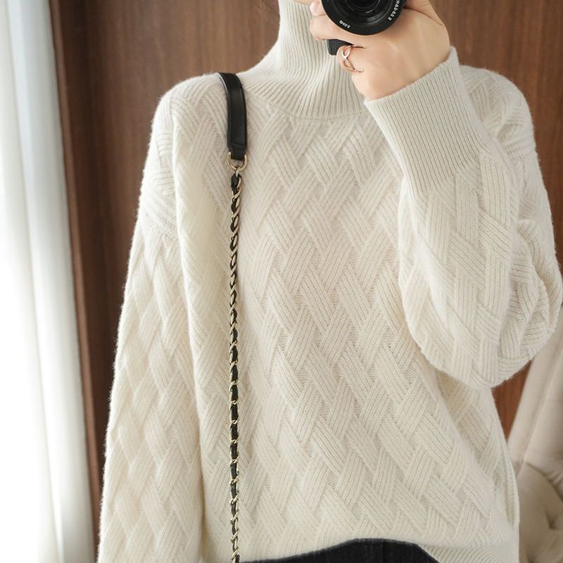 Maglione caldo a coste con collo alto per donna, autunno inverno 2024, nuova maglia base coreana spessa, stile allentato e pigro_voghion.com