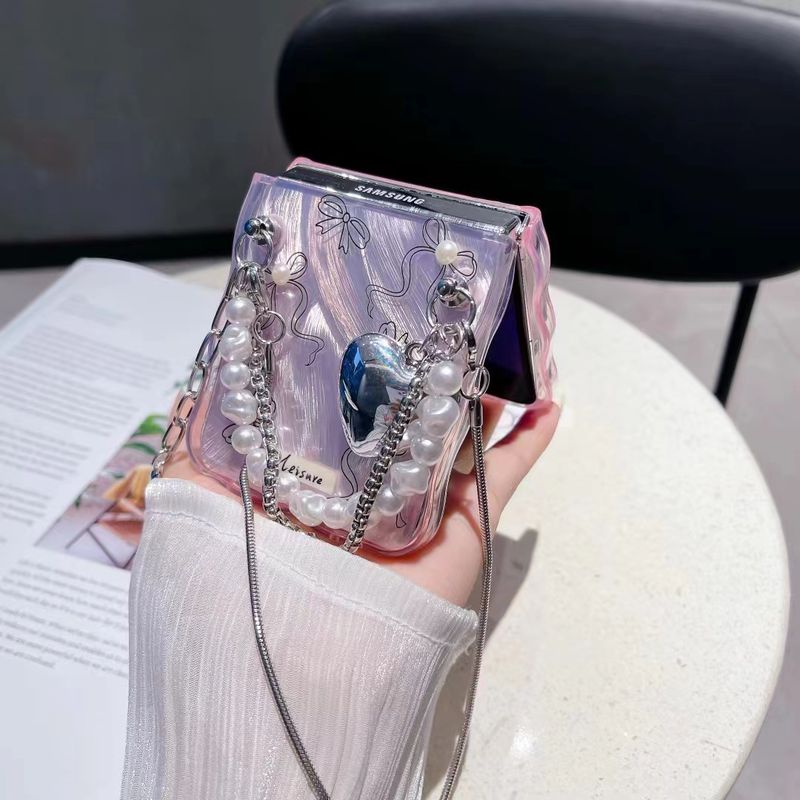 For Samsung Galaxy Z Flip 3 4 5 5G Flip4 Luxury Unique Bow Pearl Heart Wrist Chain Phone Case Cover_voghion.com