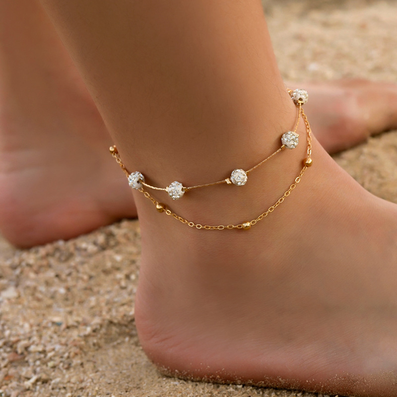 Shuosbai Rhinestone Balls Double Layered Women Alloy Beads Adjustable Chain Anklet Foot Accessories_voghion.com